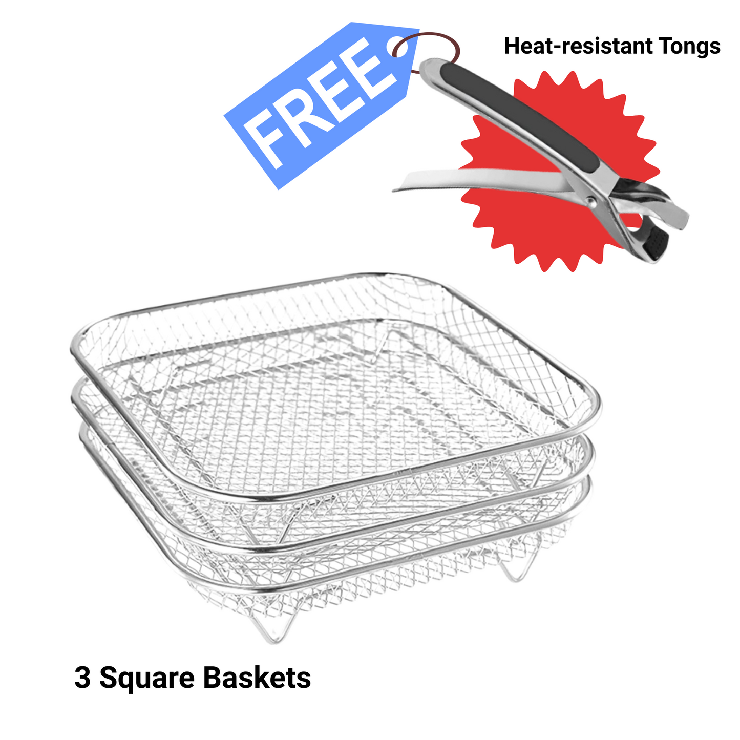 3-Piece Stackable Basket Set for Air Fryer – With Free Heat-Resistant Tongs
