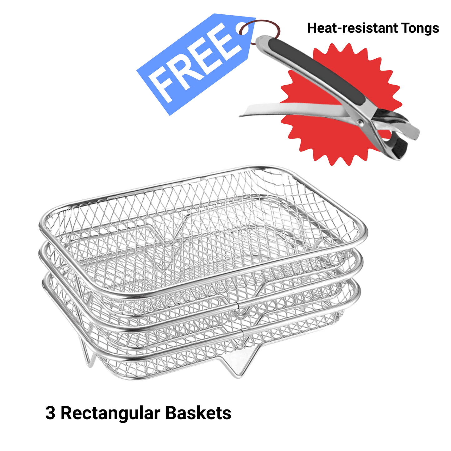 3-Piece Stackable Basket Set for Air Fryer – With Free Heat-Resistant Tongs