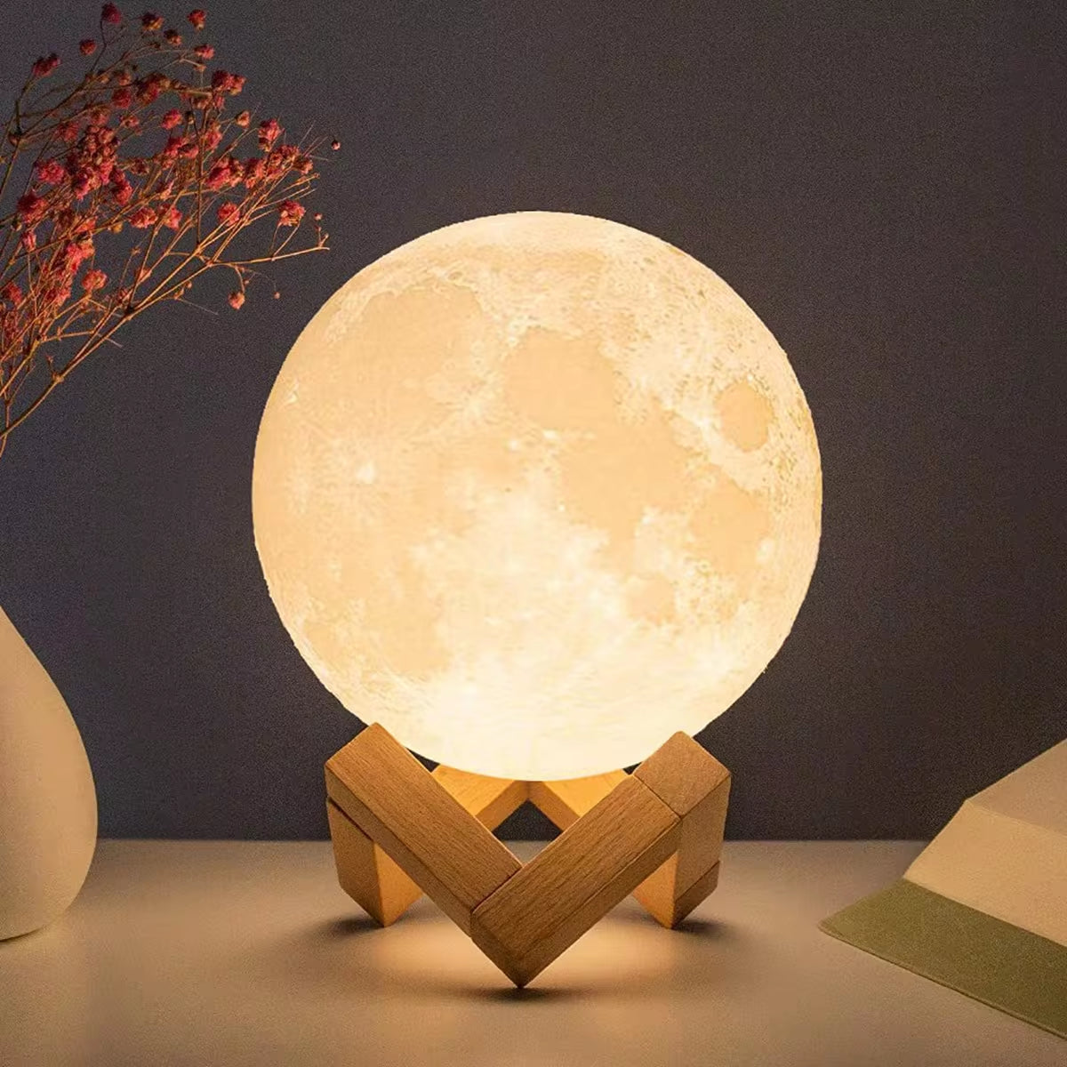 8cm LED Moon Lamp – Battery Powered Night Light with Stand