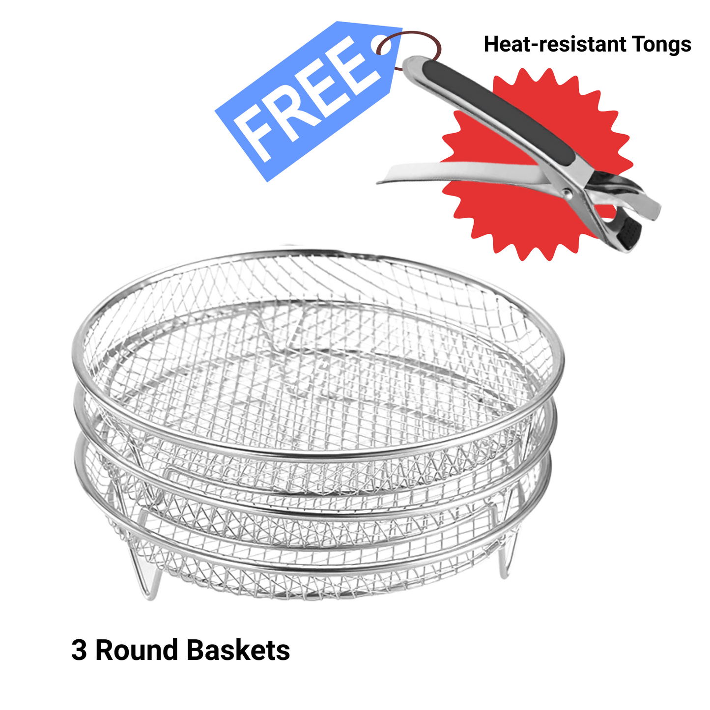 3-Piece Stackable Basket Set for Air Fryer – With Free Heat-Resistant Tongs