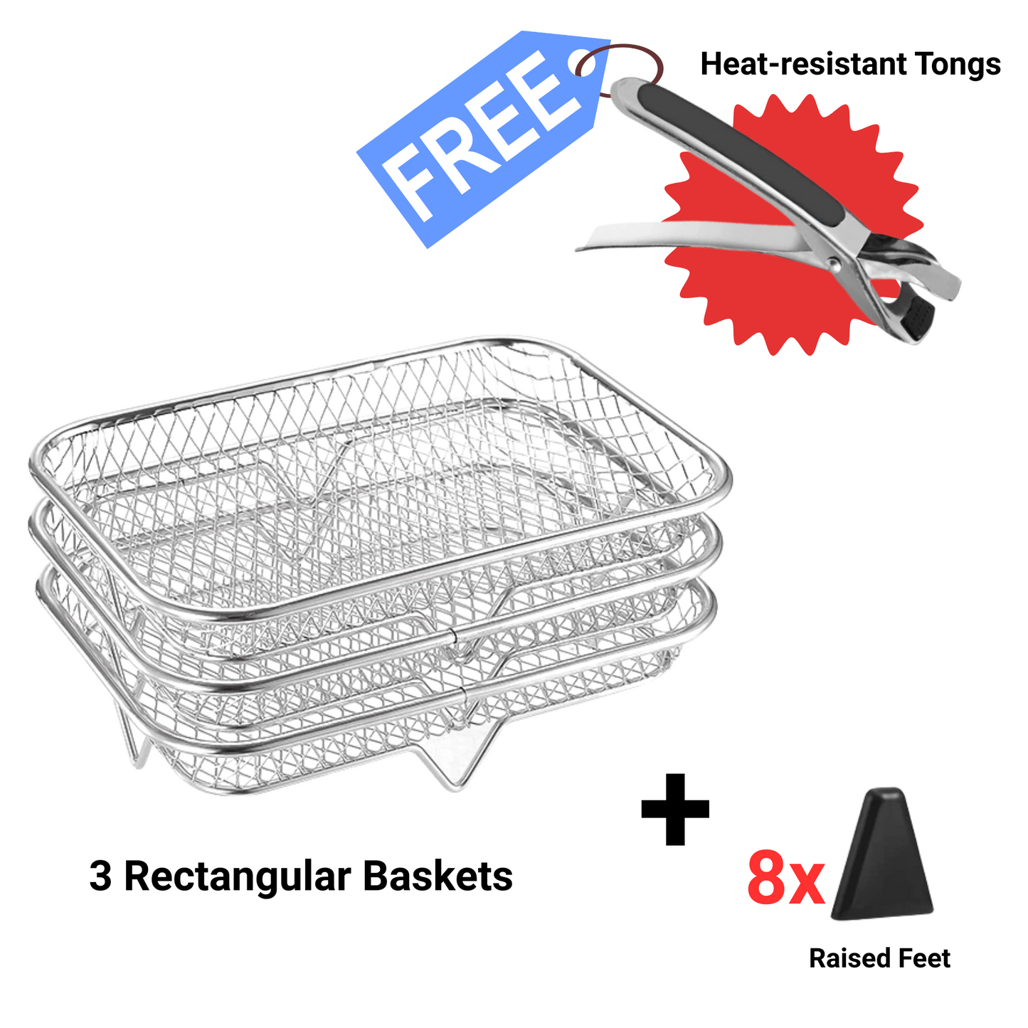 3-Piece Stackable Basket Set for Air Fryer – With Free Heat-Resistant Tongs