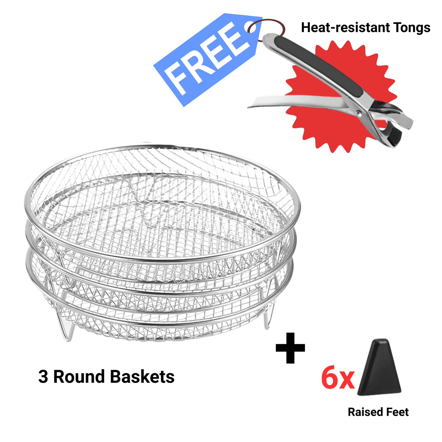3-Piece Stackable Basket Set for Air Fryer – With Free Heat-Resistant Tongs