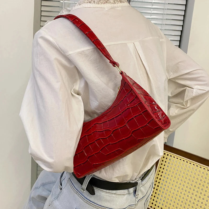 Women's PU Leather Shoulder Bag with Crocodile Texture – Stylish Everyday Underarm Purse