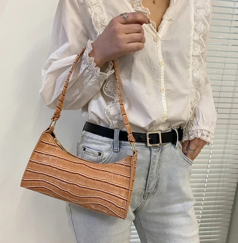 Women's PU Leather Shoulder Bag with Crocodile Texture – Stylish Everyday Underarm Purse
